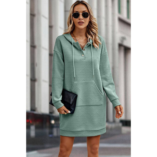 Solid Pocket Drop Shoulder Drawstring Sweatshirt Dress Green