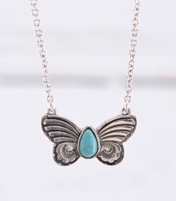 Butterfly Silver Faux Turquoise Concho Necklace
