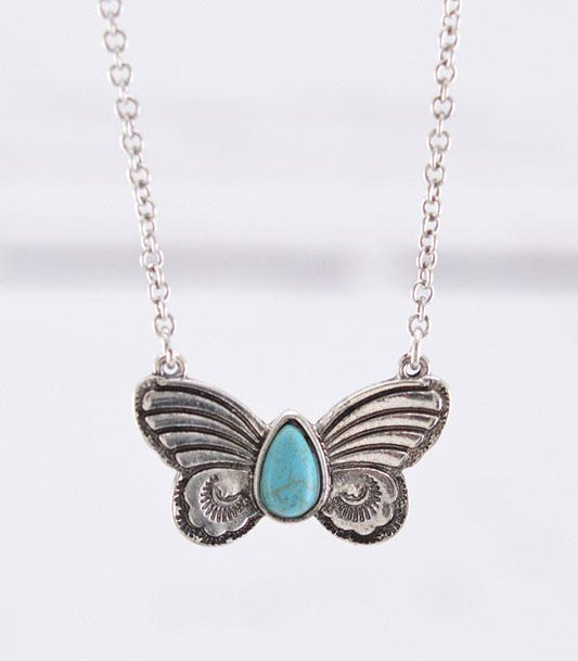 Butterfly Silver Faux Turquoise Concho Necklace
