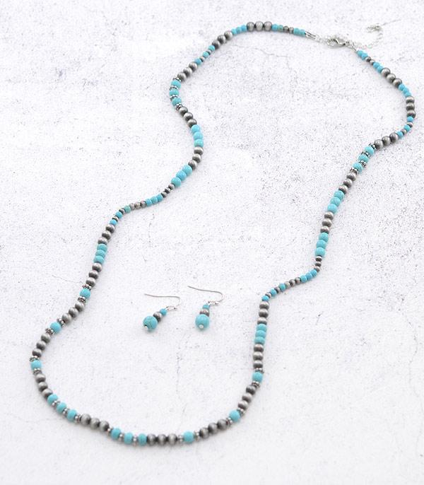 Silver and Turquoise Navajo Bead Long Necklace #9