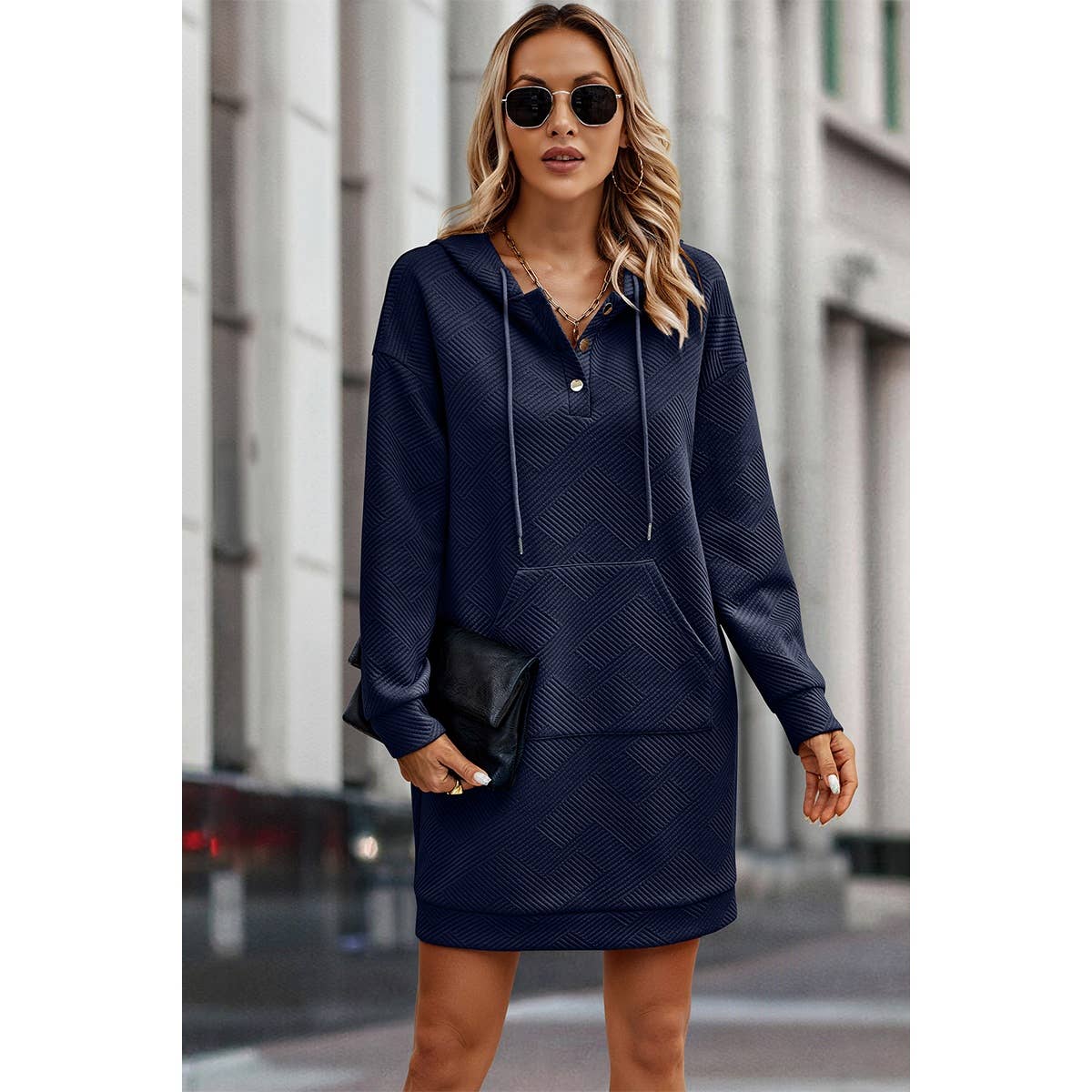 Solid Pocket Drop Shoulder Drawstring Sweatshirt Dress Black