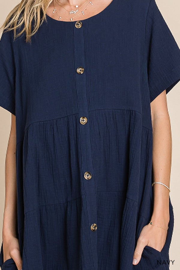 Navy Button Front Tiered Dress