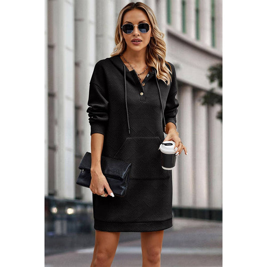Solid Pocket Drop Shoulder Drawstring Sweatshirt Dress Black