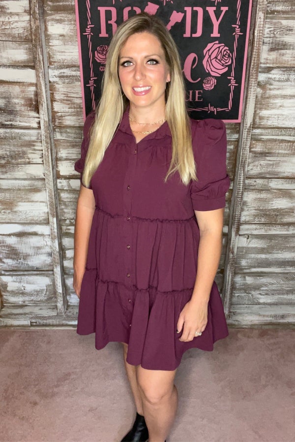 Plum Tiered Short Bubble Sleeve Dress