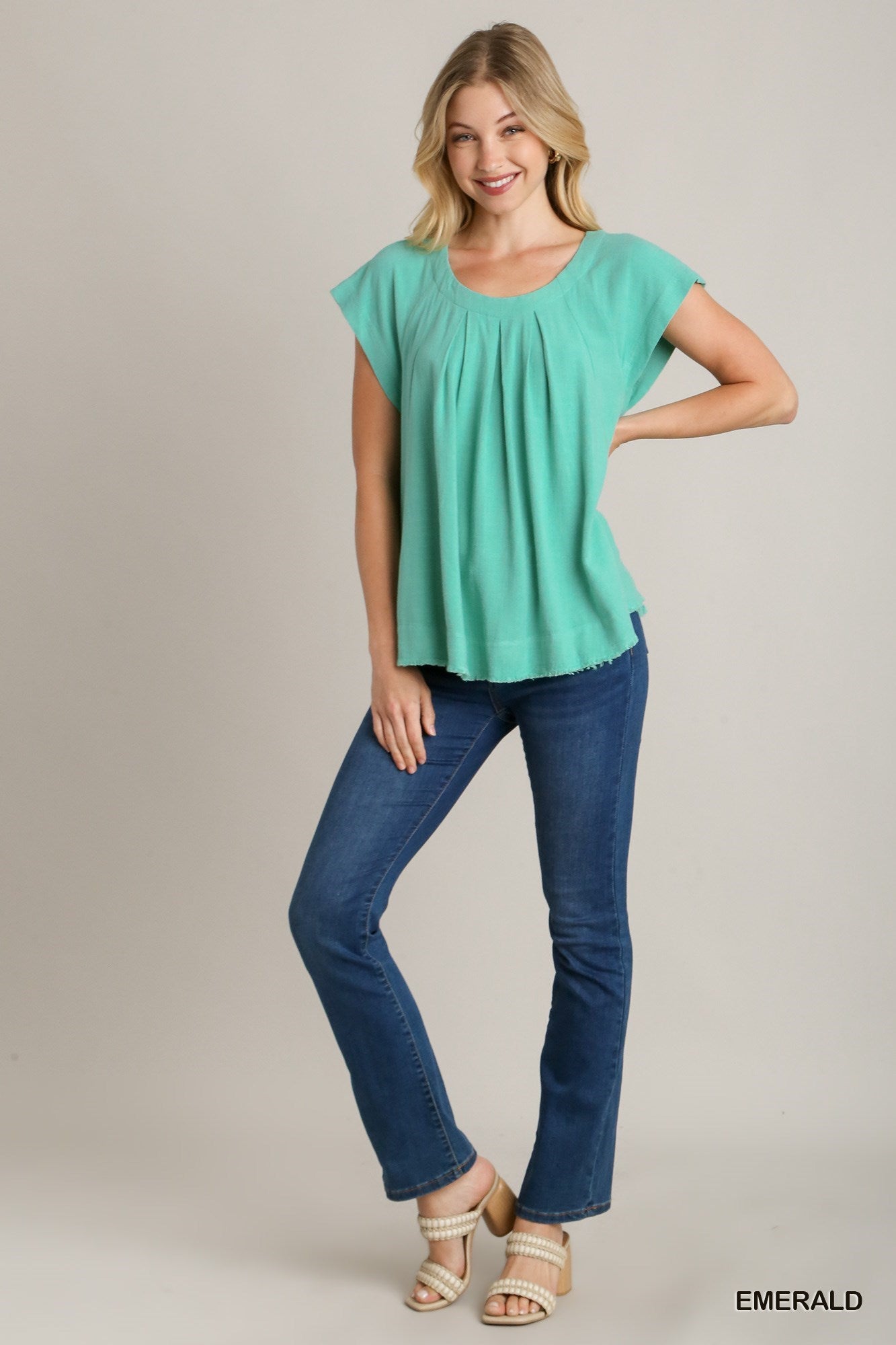 Turquoise Pleated Linen Top