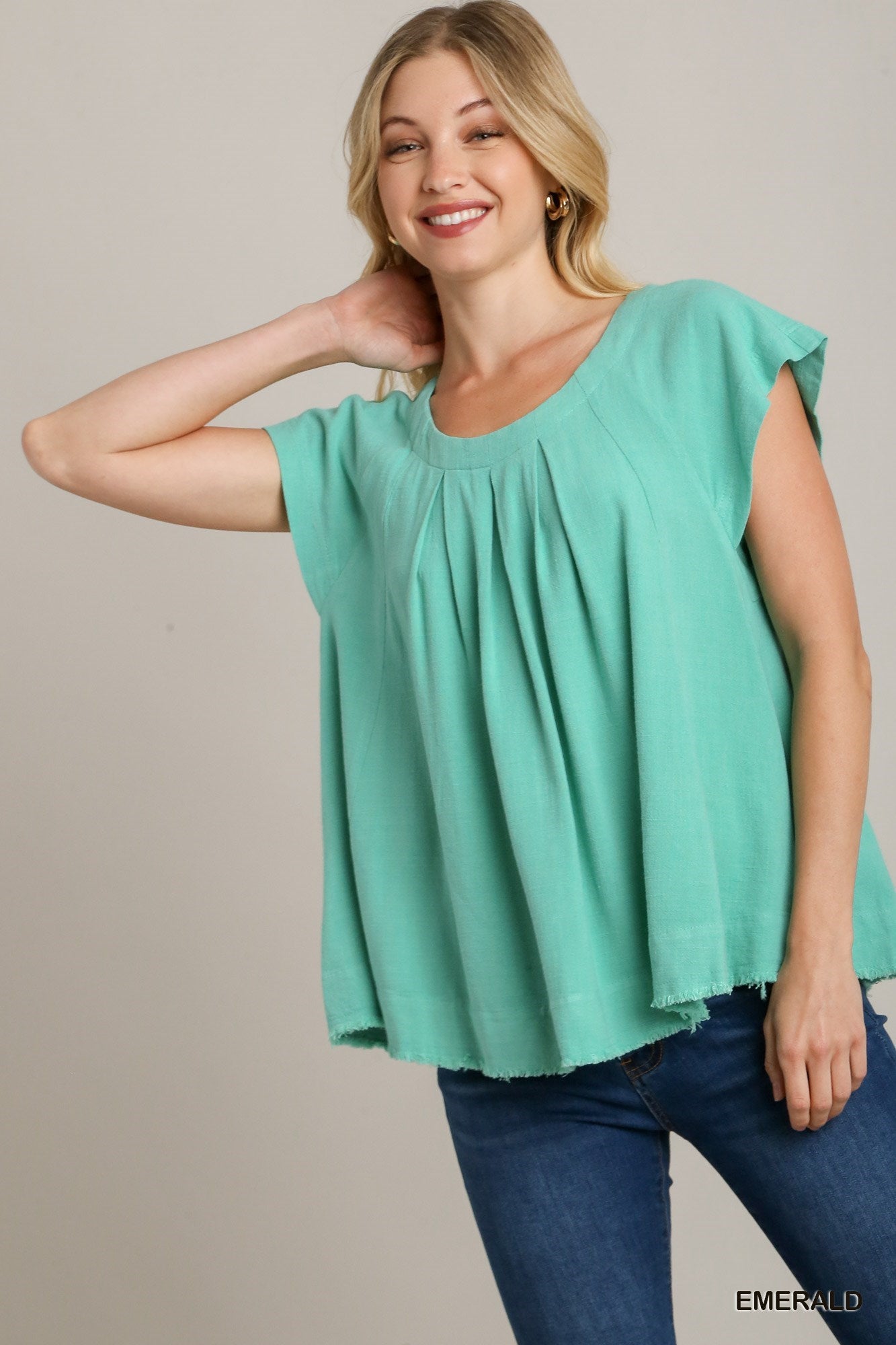 Turquoise Pleated Linen Top