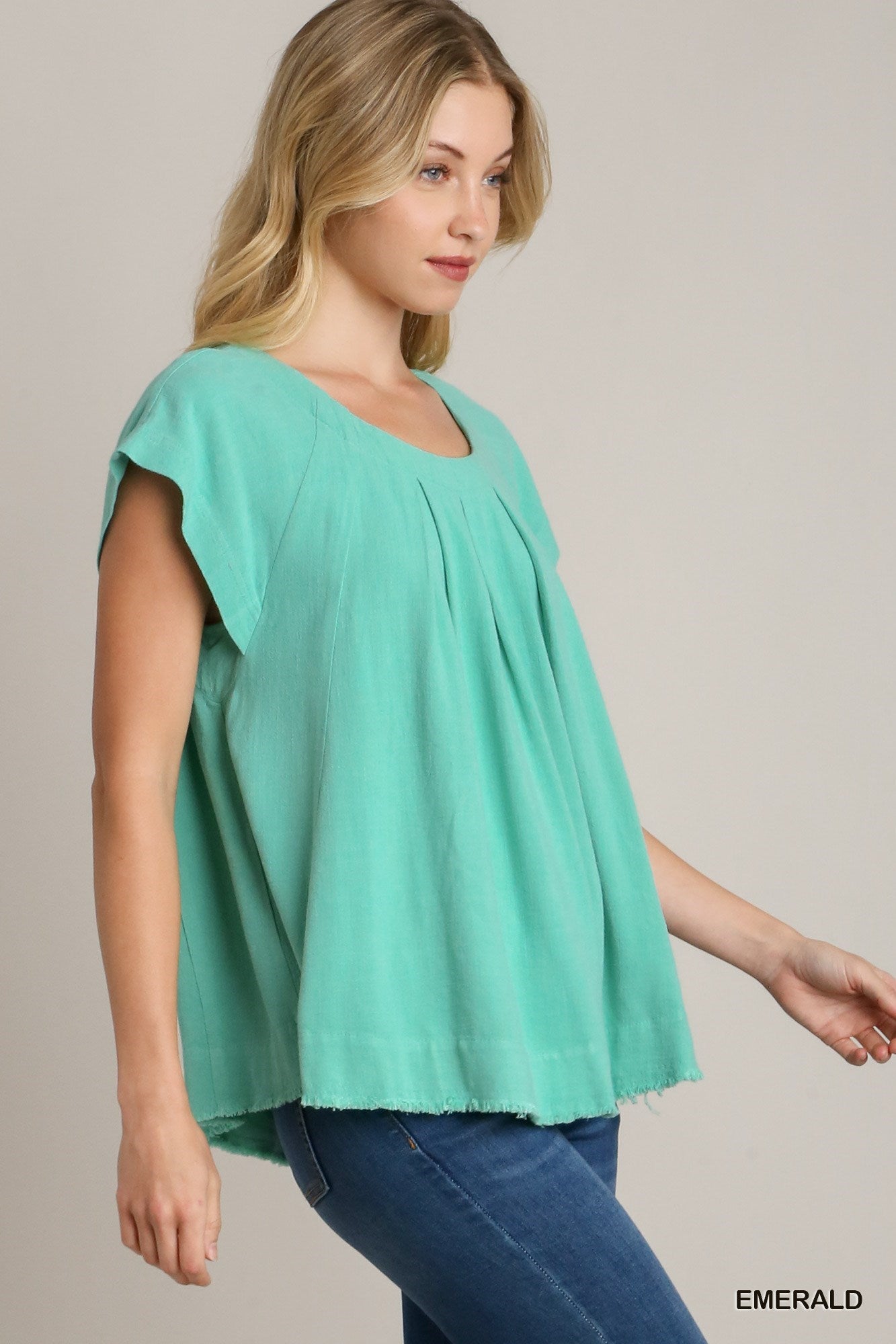 Turquoise Pleated Linen Top