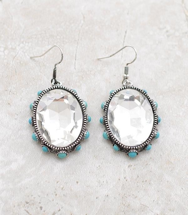 Clear Rhinestone Oval Turquoise Earrings