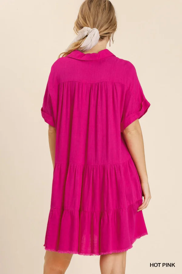 Hot Pink Linen Blend Collared Tiered Dress