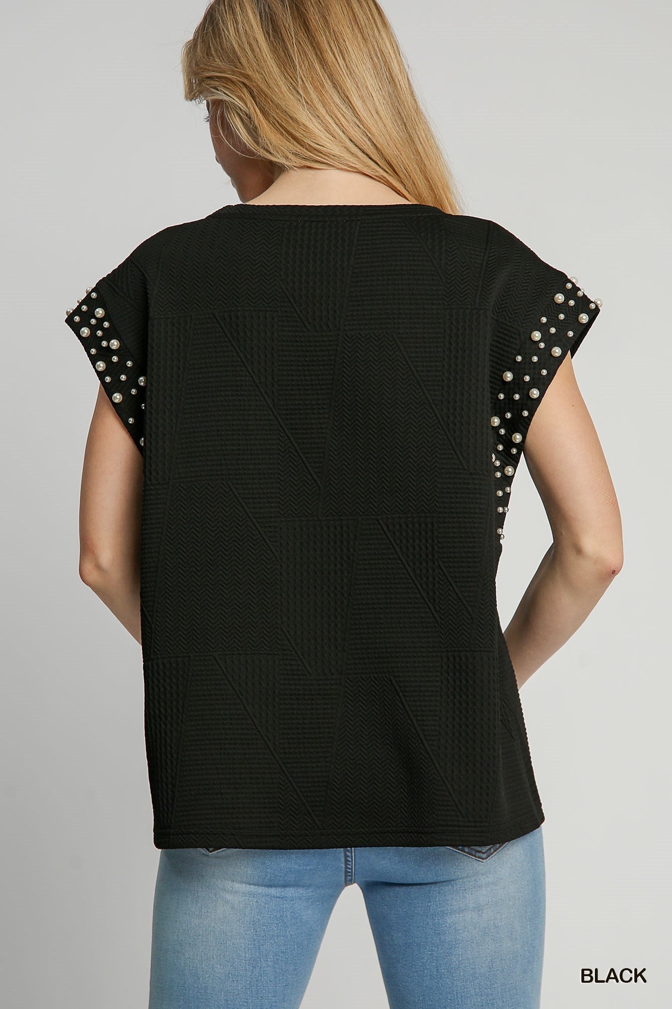 Black Textured Top with Pearl Details