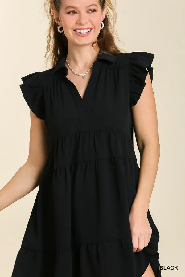 Black Tiered Collared Dress