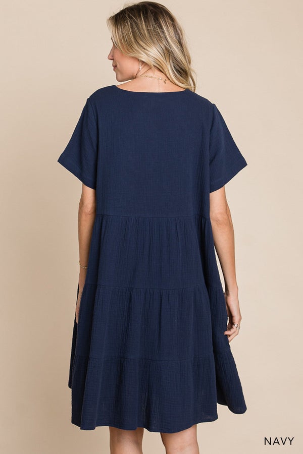 Navy Button Front Tiered Dress