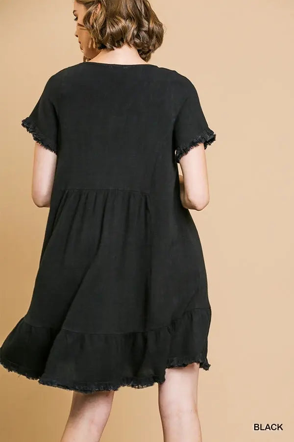 Black Linen Blend Short Sleeve Dress