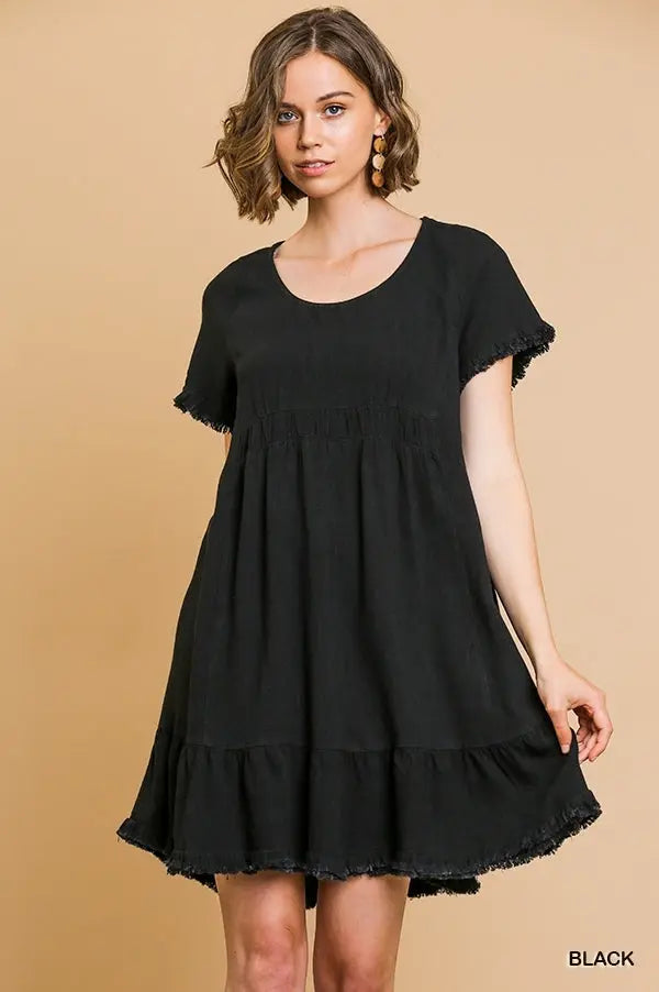 Black Linen Blend Short Sleeve Dress