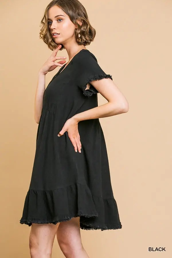 Black Linen Blend Short Sleeve Dress