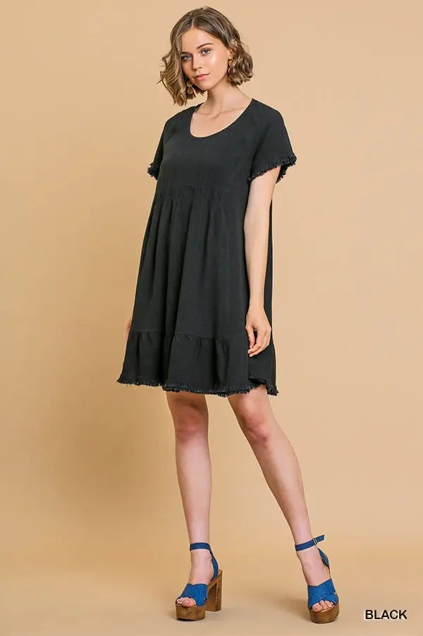 Black Linen Blend Short Sleeve Dress