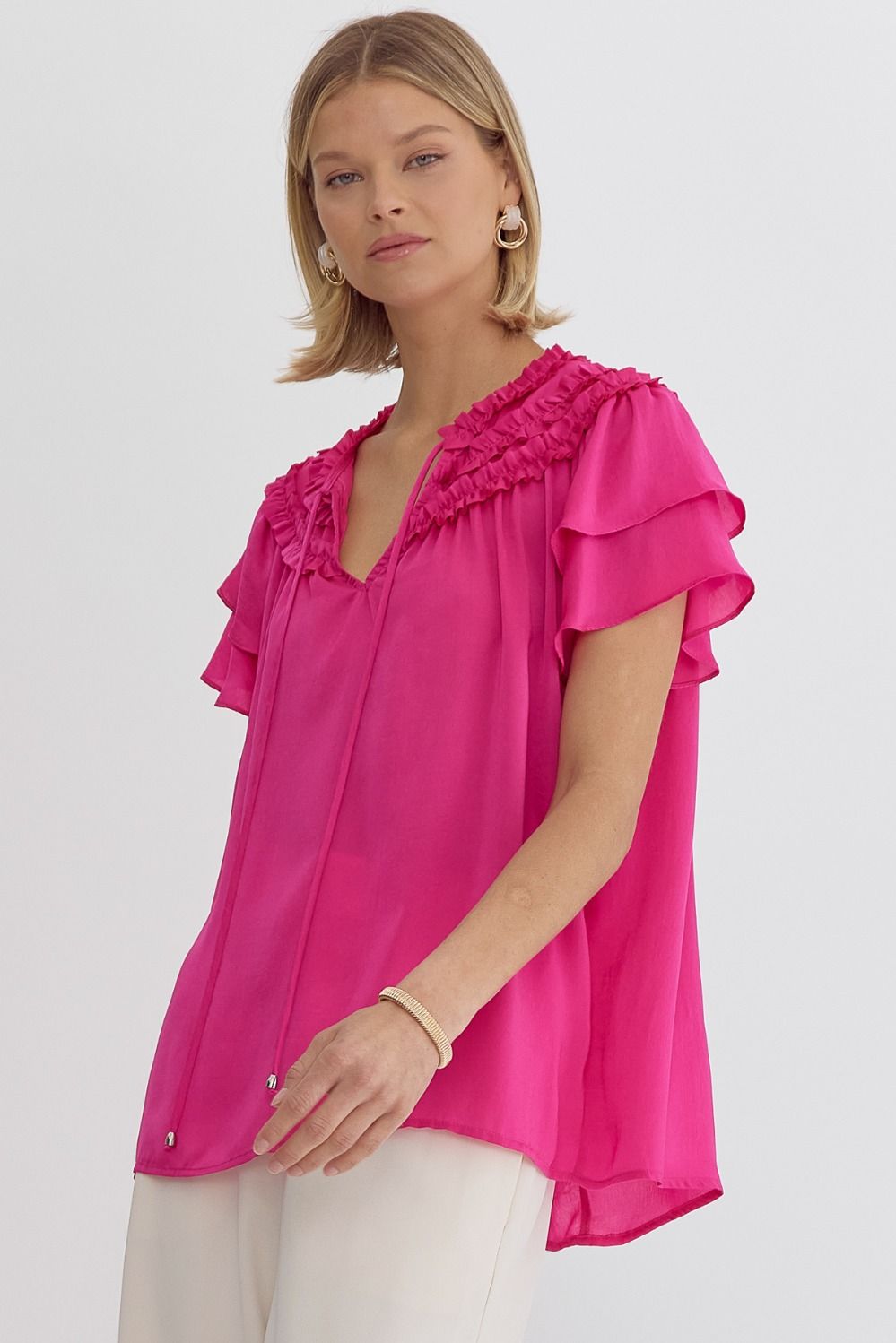 Pink V-Neck Ruffle Sleeve Top