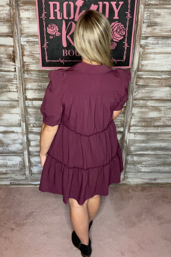 Plum Tiered Short Bubble Sleeve Dress
