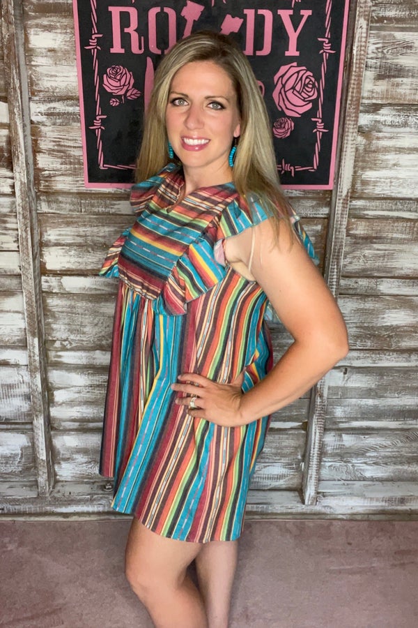 Turquoise Serape Ruffle Dress