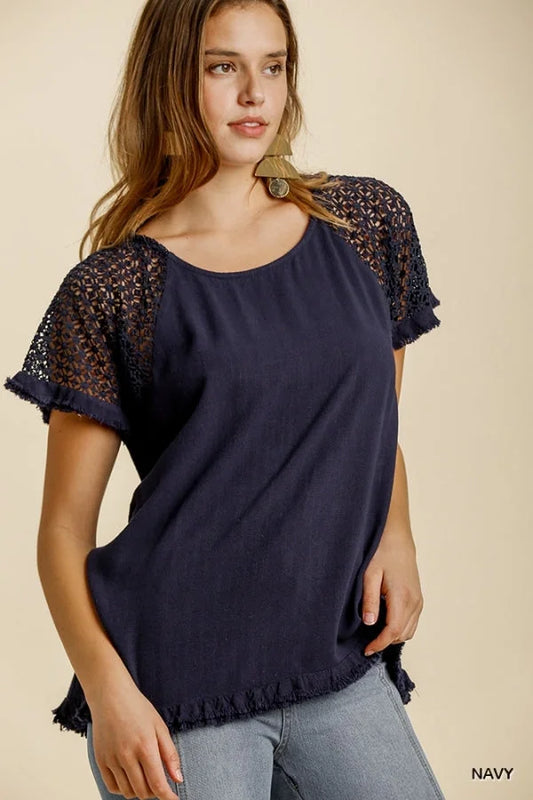 Navy Floral Crochet Top