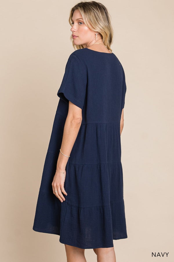 Navy Button Front Tiered Dress