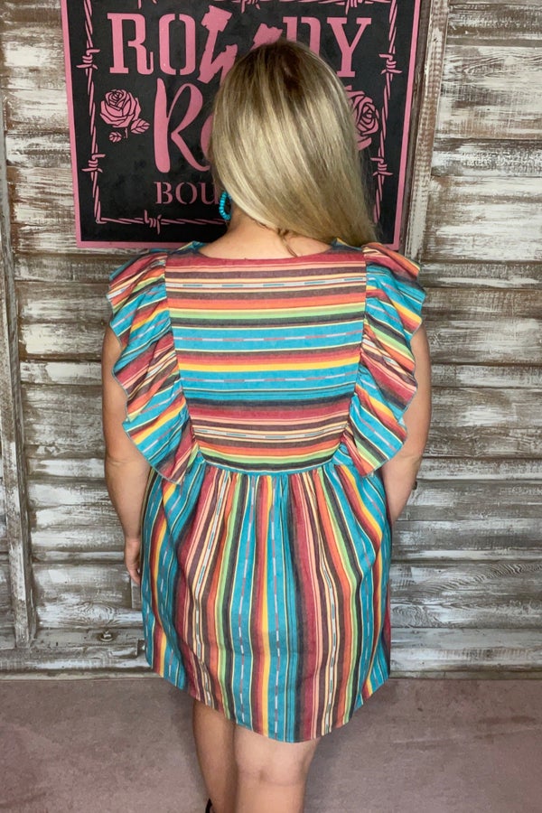 Turquoise Serape Ruffle Dress