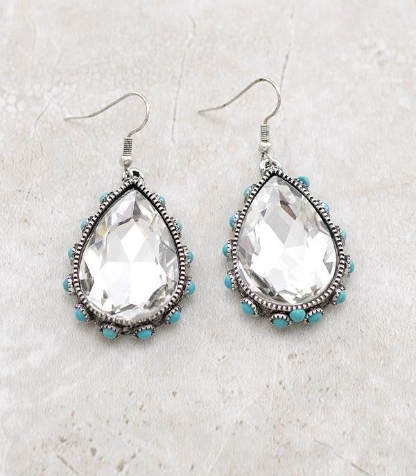 Clear Rhinestone Teardrop Turquoise Earrings