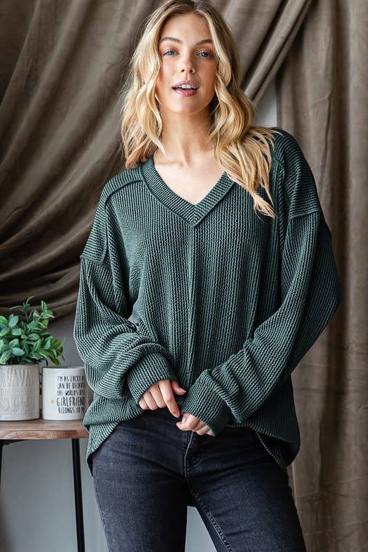 Hunter Green Long Sleeve V-neck Solid Top