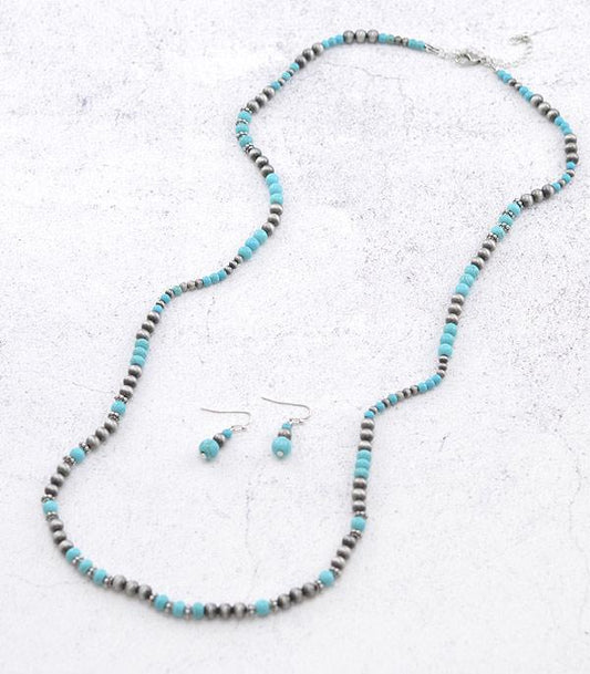 Silver and Turquoise Navajo Bead Long Necklace #9