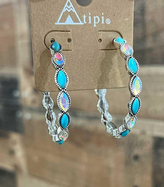 Silver Turquoise and AB Crystal Hoop Earrings