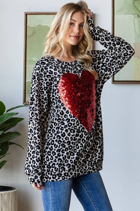 Long Sleeve Leopard Print Top with Heart Sequin Patch