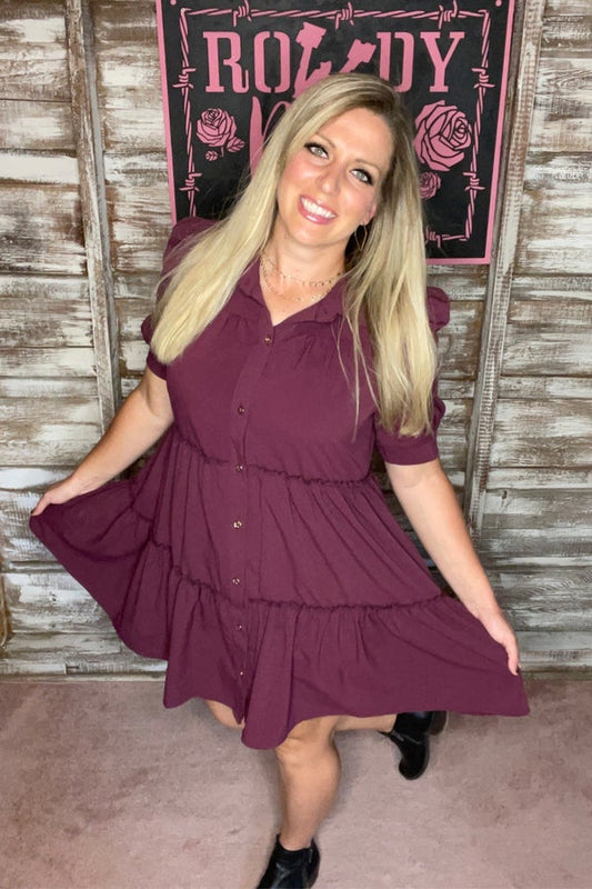 Plum Tiered Short Bubble Sleeve Dress