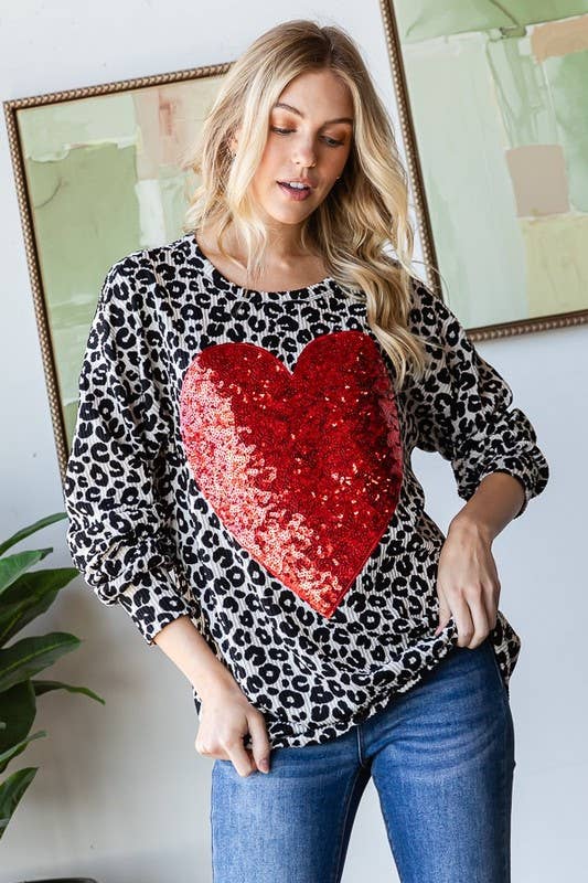 Long Sleeve Leopard Print Top with Heart Sequin Patch