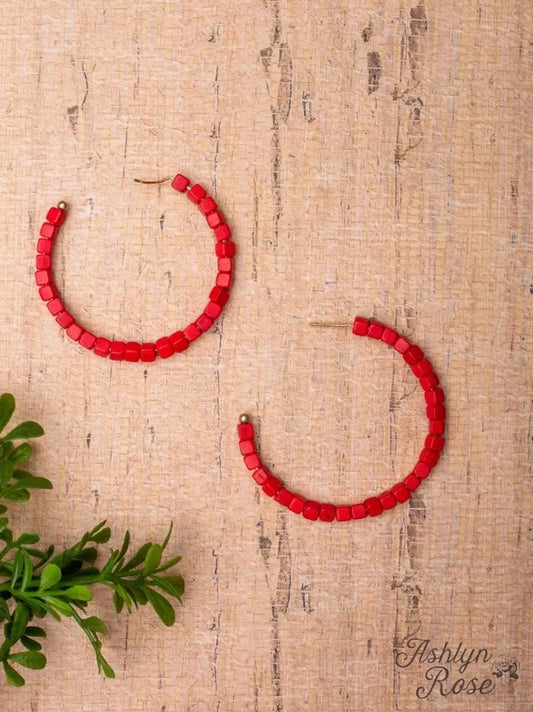 Red Square Beaded Hoop Earrings