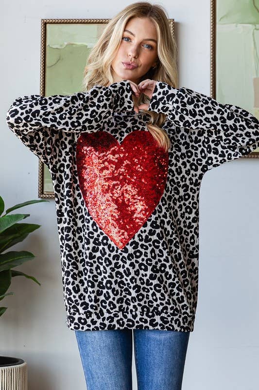 Long Sleeve Leopard Print Top with Heart Sequin Patch