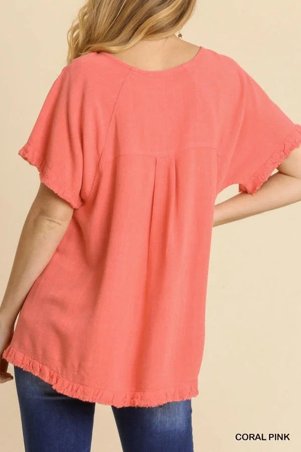 Cut Out Linen Blend Top Coral