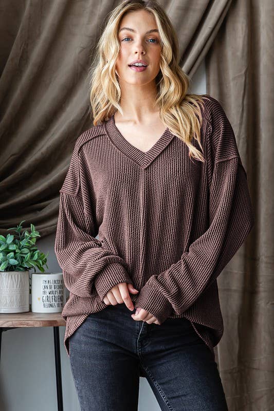 Brown Long Puff Sleeve V-neck Solid Urban Ribbed Top