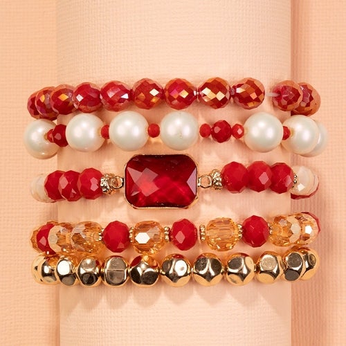 Red Crystal Beaded Stacked Bracelets