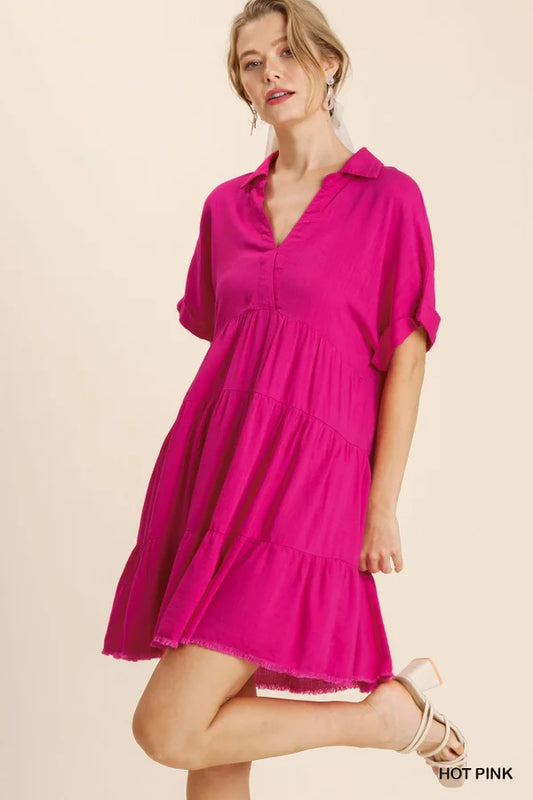 Hot Pink Linen Blend Collared Tiered Dress