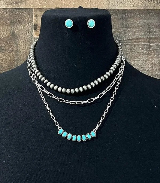 Layered Faux Navajo Pearl Turquoise Bar Necklace