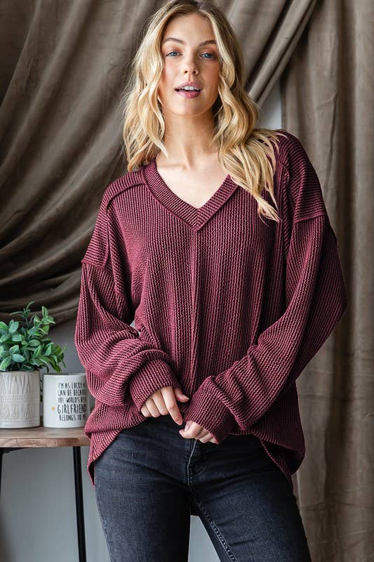 Long Puff Sleeve Ribbed Top Burgundy