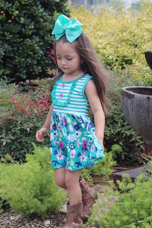 Girls Turquoise Floral & Stripes Dress