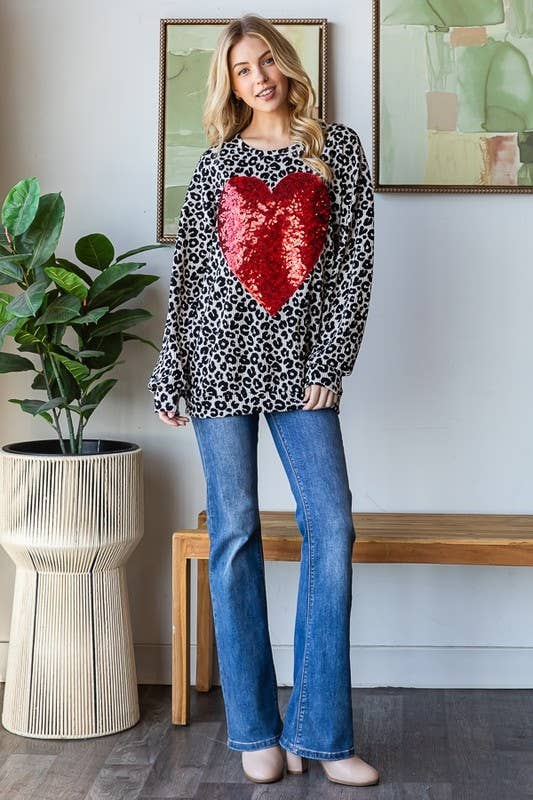 Long Sleeve Leopard Print Top with Heart Sequin Patch