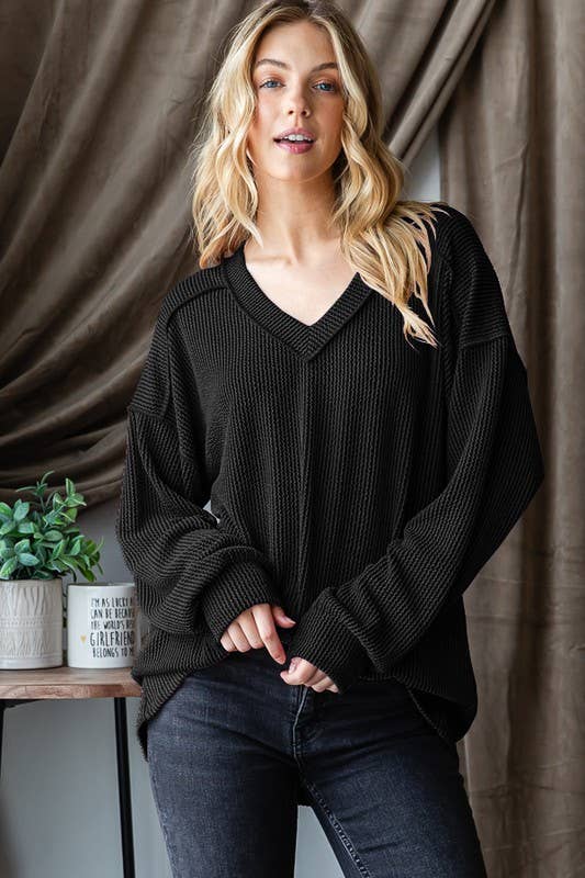 Black Long Sleeve Solid Ribbed Top