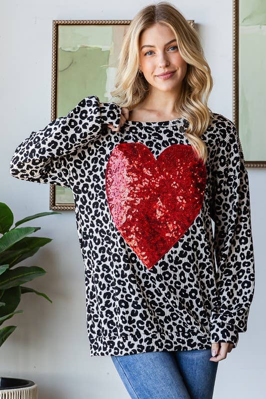 Long Sleeve Leopard Print Top with Heart Sequin Patch