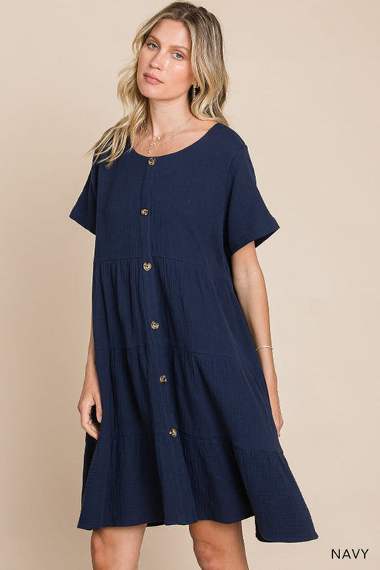 Navy Button Front Tiered Dress