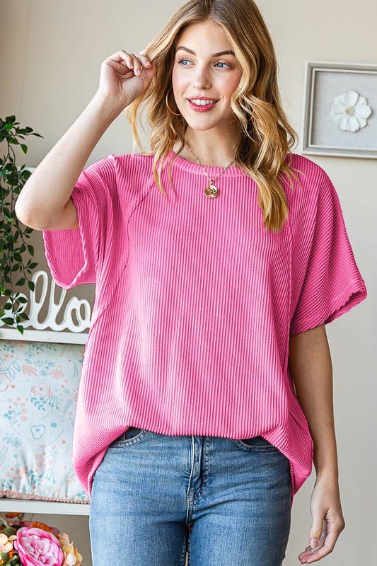 Hot Pink Dolman Short Sleeve Ribbed Top