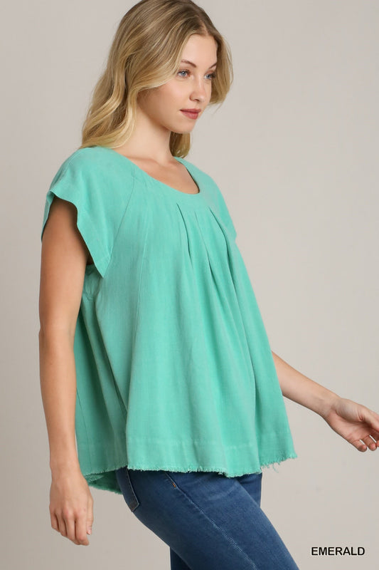 Turquoise Pleated Linen Top