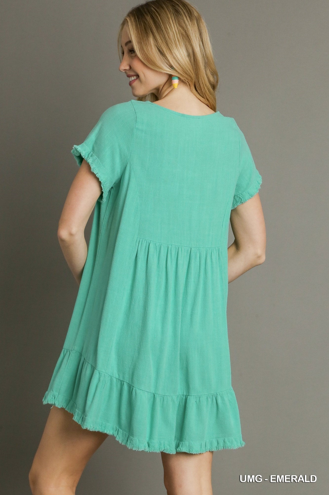 Turquoise Linen Blend Short Sleeve Dress