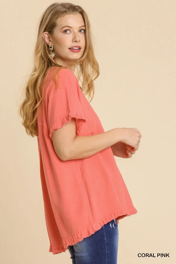 Cut Out Linen Blend Top Coral